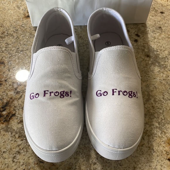 Custom, never worn. White slip on shoes with “Go Frogs!” in  glittered p… - Picture 5 of 5